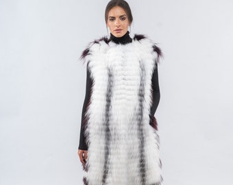 Long multi-colored real fox fur vest with smile neckline. Fluffy fur vest in white, black, burgundy color. Winter fur vest, custom size.