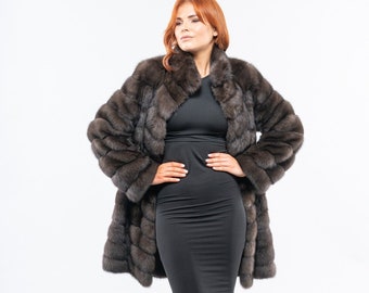 Diagonal layered real sable fur coat. Dark brown genuine sable fur, long line, over coat. Winter fur coat, luxury Christmas fur gift for her