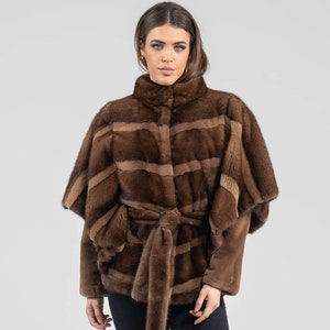 Demi buff real mink fur cape with detachable sleeves. Full skin natural brown color fur cape. Modern multiwear fur outerwear. Gift for her.