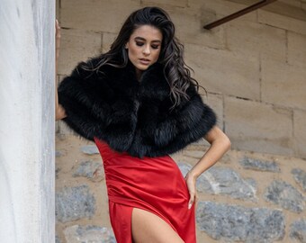 Black real fox fur etole ONE SIZE. Luxury winter wedding, princess, fur stole, wrap shawl, bride, bridesmaid, women gift. Winter engagement