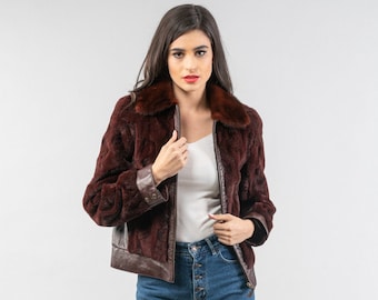 Modern real mink fur biker jacket with leather additions and zipper closure. Burgundy bomber, custom size with genuine leather. Gift for her