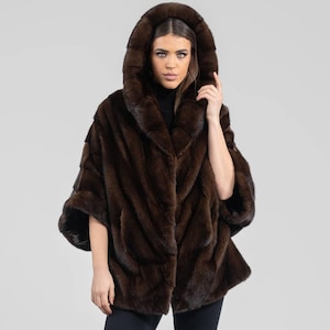 Mahogany real mink fur cape with hood. Full skin natural brown color fur cape. Modern outerwear with 3/4 sleeves. Luxury gift for her.