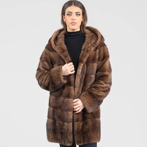 Demi buff real mink fur coat with hood. Warm winter women’s fur coat in brown color. Modern fur outerwear. Luxury gift for her. Brand new.