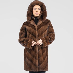 Demi buff real mink fur coat with hood. Modern women’s fur coat in brown color. Knee length warm winter outerwear. Luxury gift for her.