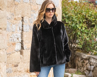 Luxury BLACKGLAMA mink fur jacket. Stand collar. High quality real mink fur jacket. Natural black color. Full skin fur jacket. Gift for her.