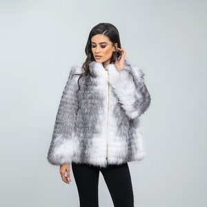 Arctic Marble Fox Fur Jacket. Natural color full skin real fox fur, winter jacket, impressive women's outerwear, warm jacket. Gift for her. image 1