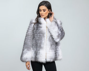 Arctic Marble Fox Fur Jacket. Natural color full skin real fox fur, winter jacket, impressive women's outerwear, warm jacket. Gift for her.