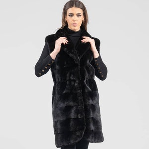 Long line black real mink fur vest with an English collar. Full skin high quality women’s mink fur vest. Modern fur outerwear. Gift for her.