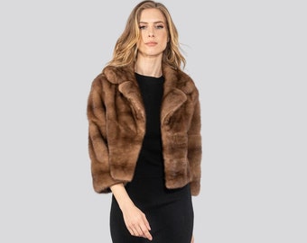Short line demi buff real mink fur jacket with 7/8 sleeves. Natural brown color. Full skin mink fur jacket. English collar. Gift for her.