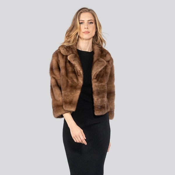 Short line demi buff real mink fur jacket with 7/8 sleeves. Natural brown color. Full skin mink fur jacket. English collar. Gift for her.