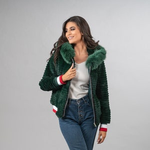 Hooded real rabbit fur jacket in a cypress green color with zipper closure. Winter fur jacket for women, custom size. Christmas fur gift.
