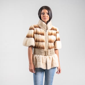 Amazing mink fur jacket in pearl color with golden-brown patterns and embedded belt. Full skin all season jacket, custom size, gift for her.