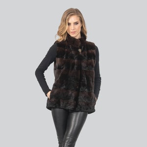 Dark brown real mink fur vest with stand collar. Winter womens fur gillet. Full skin mink fur. Layering style. Luxury Christmas gift for her