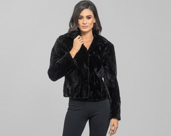 Real black mink fur bomber jacket. Modern short jacket, lightweight sheared mink fur, affordable fur. Women&#39;s winter jacket. Gift for her.