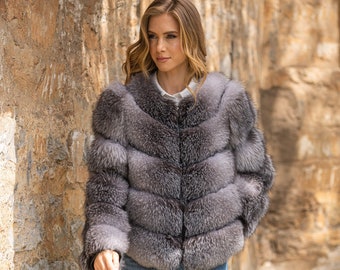 Blue Frost Real Fox Fur Jacket With Genuine Leather. Short Line