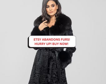Long Line Black Astrakhan Fur Coat With Real Fox Fur and Belt
