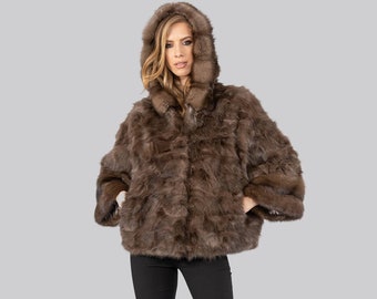 Hooded light brown real Sable fur cape. One Size genuine Sable fur with hood. Warm winter women fur outerwear. Luxury Christmas gift for her