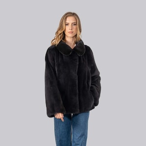 Graphite grey real mink fur jacket with an English collar. Modern full skin women&#39;s mink fur jacket. Warm winter fur jacket. Gift for her.