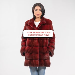 Burgundy Saga Full Skin Mink Fur Coat. Winter Fur Coat, High Neck