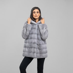 SAPPHIRE Mink fur coat with hood. FULL SKIN real mink fur, winter women&#39;s coat, genuine mink fur in light gray color. Luxury gift for her.