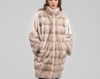 Long Line Beige Real Mink Fur Coat. Full Skin High Quality Mink