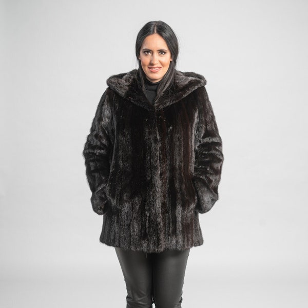 Real dark brown mink fur coat. Hooded mahogany fur stroller. Warm vison fur coat for women. Winter fur coat. Luxury fur gift for her.