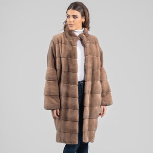 Long line real mink fur coat. Light brown full skin mink fur coat. High quality big size warm winter coat. Women&#39;s clothing. Gift for her.