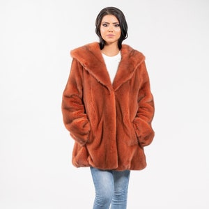Orange real mink fur coat with hood, balloon line. Winter fur coat, women outerwear. Full skin mink fur. Luxury, modern fur gift for her.
