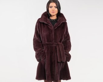 Burgundy full skin mink fur coat with belt, pompous collar, long line. Winter coat, overcoat . Women's outerwear. Luxury Christmas gift.