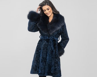 Long line dark blue astrakhan fur coat with real fox fur and belt. Swakara overcoat, natural fur. Winter fur coat, Christmas gift for her.