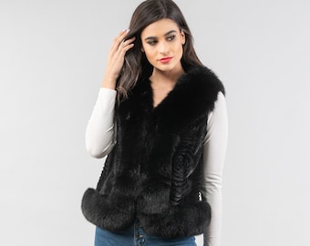 Black shinny vest with embossed patterns in a combination of fox and mink fur. Genuine fur, custom size, modern fur gift for women.