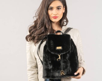 Black saga real mink fur backpack with black genuine leather to the back side. School bag, laptop bag, shoulder bag, fur rucksack, women bag