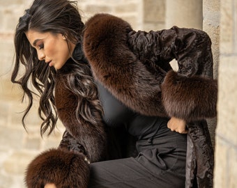 【INCHANT ME】Maryam Collar Half Fur Coat Iris Mink Full Length Overcoat in Grey: FurSource.com