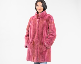 Girly real mink fur coat in an amazing fuchsia color with stand collar, custom size. Winter women's clothing. Luxury fur gift for her.