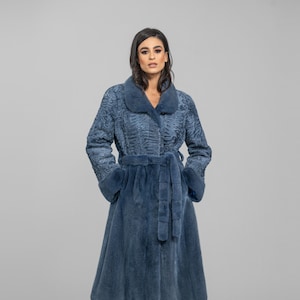 FULL LENGTH mink and astrakhan fur coat. Overcoat with belt in a blue gray color. Long line warm winter coat. Luxury Christmas gift for her.