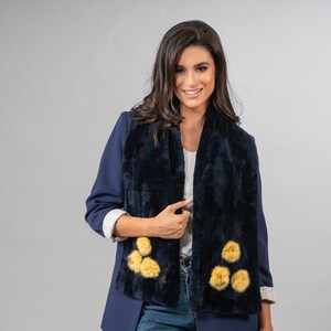 Stylish real mink scarf in navy blue color with yellow flowers. Fur collar for coat, neck warmer wrap, coat accessory, winter accessories.