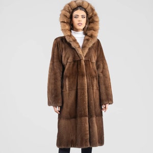 Full length demi-buff mink fur coat with sable hood. Long line brown mink coat. Natural color ankle length women’s coat. Luxury gift for her