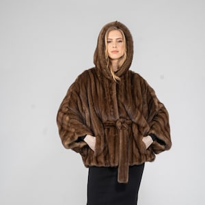 Brown real mink fur cape with hood and belt. Full skin natural demi buff color. Warm winter womens fur cape. Luxury Christmas gift for her.