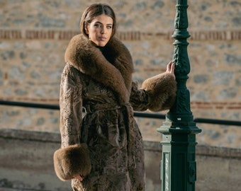 Long Line Brown Real Astrakhan Fur Coat. Fox Fur Collar and Cuffs