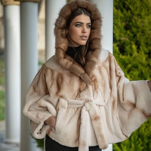 Gold white natural color real mink fur cape with sable marten fur hood. Full skin sheared mink fur cape. Women’s winter cape. Gift for her.