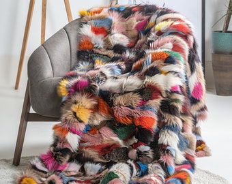 Multicolor real fox fur rag. Colorful fur blanket, fur traverse, fur throw, luxury bedding, modern decoration, fur warmer. Gift for her.