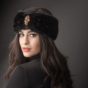 Black saga real mink fur headband with jewelry. Genuine fur head wrap, women hair accessories, handmade, adjustable to fit any head size.