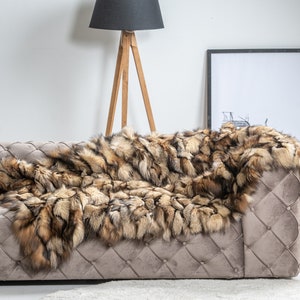 Crystal natural colour fluffy fox fur throw. Warm blanket. Home Decoration. Luxury bedding, brown fur rug, fur traverse. Luxury gift for her