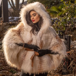 Fluffy real fox fur cape with hood and leather belt. Winter fur cape, custom size in white with gold color. Elegant Christmas fur gift.