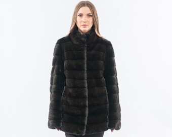 Forest green saga mink fur jacket, high collar, full skin mink fur stroller. Winter jacket. Women's outerwear, custom size. Gift for her
