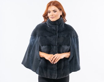 Modern navy blue mink fur cape with openings on the sleeves, high neck collar. Full skin mink fur stroller, women's outerwear. Gift for her.