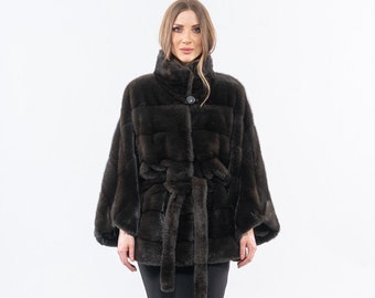 Brown saga mink fur cape with belt, stand collar. Winter full skin mink fur stroller, impressive women's outerwear. Luxury fur gift for her.