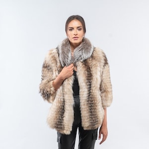 Real fox fur jacket with 3/4 sleeves in natural color and collar. Fluffy winter fox fur jacket, custom size. Luxury Christmas gift for her.