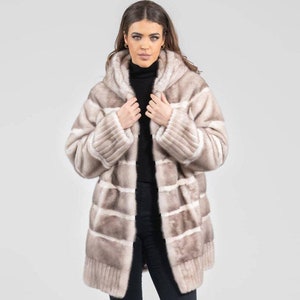 Hooded real mink fur coat in a natural ice color. Warm winter women’s beige fur coat. Modern women&#39;s outerwear. Luxury gift for her.
