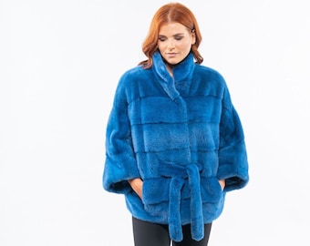 Blue mink fur cape. 7/8 sleeves, high neck collar, mink fur belt. Full skin winter fur cape, modern women's outerwear. Luxury Christmas gift